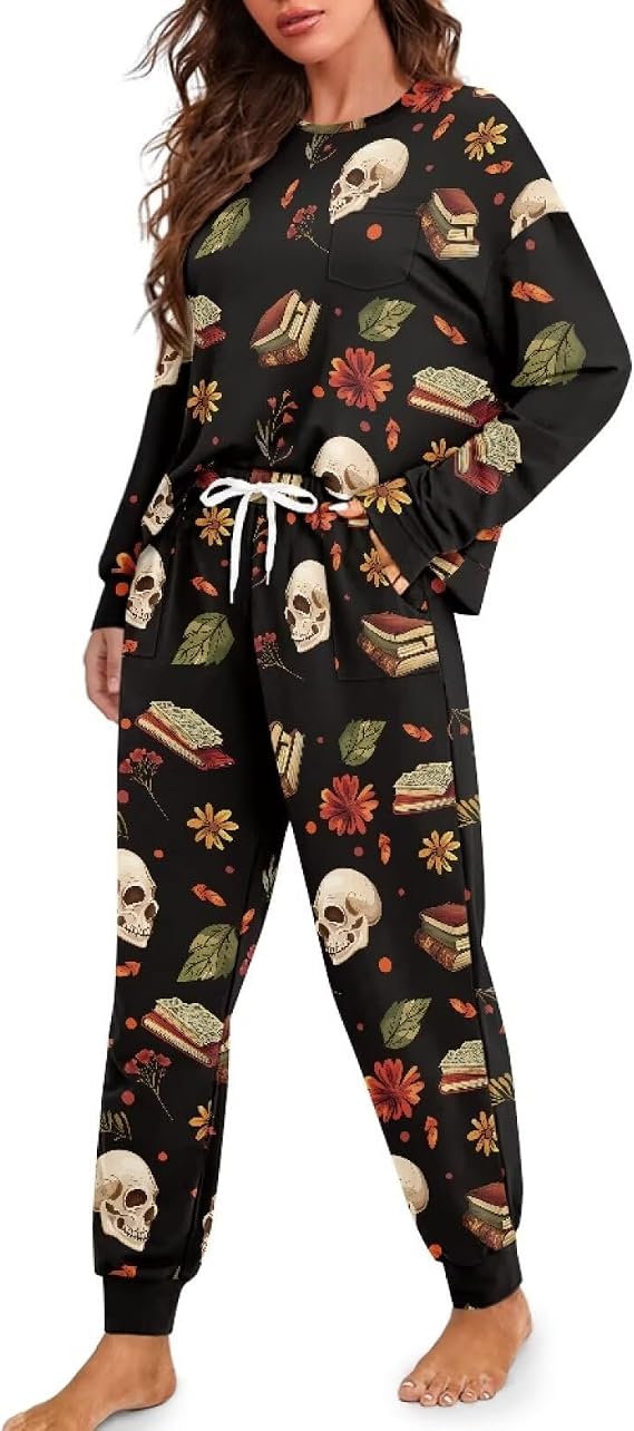 Galaxy Women's 2 Piece Pajama Sets Halloween Pumpkin Long Sleeve Pants Loungewear Highland Cattle Matching Outfits - skull pajamas