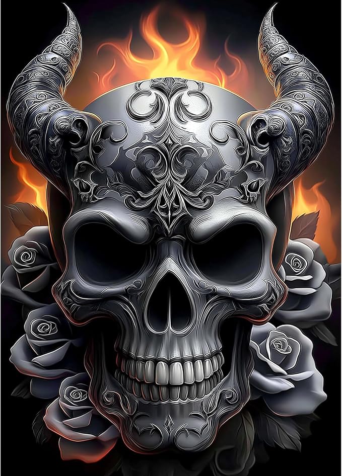 HEIBAGO Skull Diamond Art Kits for Adults, Halloween Diamond Painting Kits for Adults Beginners,5D Full Drill Round Skeleton Diamond Art Painting,DIY Diamond Dots for Adult for Home Wall Decor 12x16In - skull painting