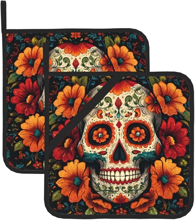 Pot Holder Set of 2 Heat Resistant Kitchen Trivets with Hanging Loops Colorful Sugar Skull Pot Holders Washable Oven Hot Pads Non-Slip Oven Pot Holder Set Square Trivet for BBQ Cooking 8'' X 8'' - skull ashtray