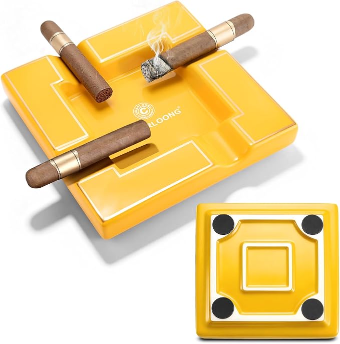 Cigar Ashtray, Ceramic Ashtray, Unbreakable Ashtrays 4 Slots Cigar Rest Holder Large Ash Tray for Indoor Outdoor Patio Home Office Decoration, Smoking Cigars Gifts for Men (Yellow) - skull ashtray