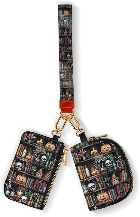 Coin Purse Keychain for Women，Wristlet Wallets for Women, Dual Pouch Wristlet Keychain Wallet for Women, Small Wallet Wristlets with Coin Pouch for Travel Daily Use(Bookshelf Skull) - skull wallet