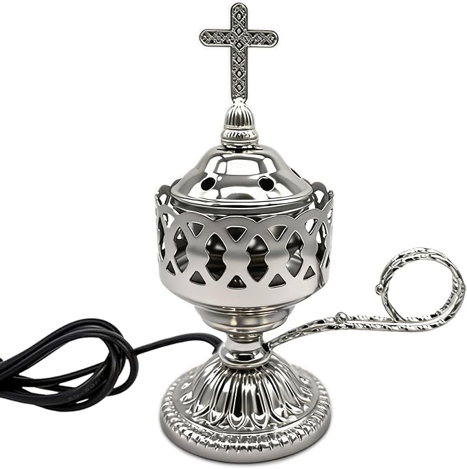 Electric Incense Burner, Frankincense Charcoal Incense Stand, Bakhoor Incense Burner Holder, Ideal for Aromatherapy, Yoga and Spa, Home and Christian Church Censer (Silver) - skull incense burner