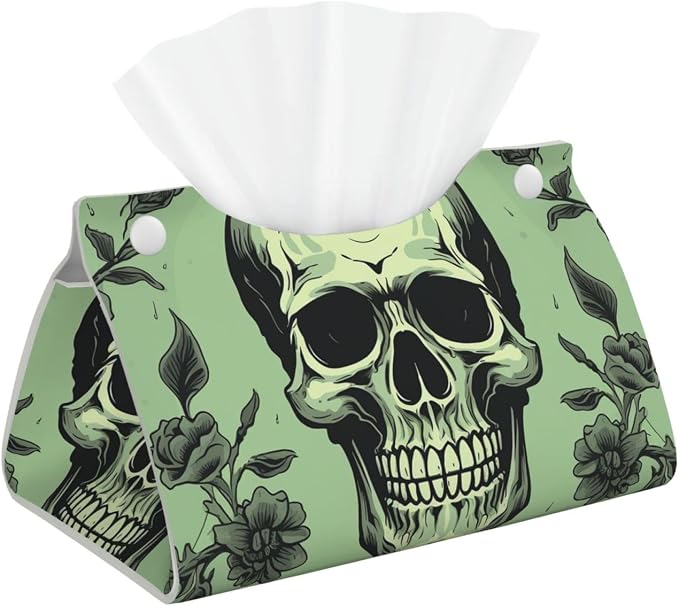 Skull On Light Green Background Tissue Box Cover, Pu Leather Tissue Case Covers Rectangle Decorative Tissue Box Holder Waterproof Tissue Holder Organizer for Bathroom Home Office