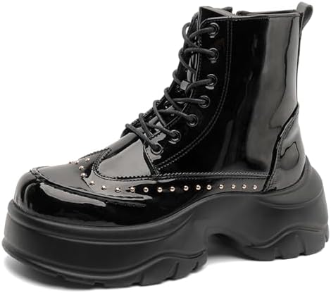 Men's Patent Leather Rivet Platform Motorcycle Boots with Side Zipper Fashion Comfortable Non Slip Chunky Block Heel Goth Dress Combat Ankle Boots for Street Biker - sugar skull costume