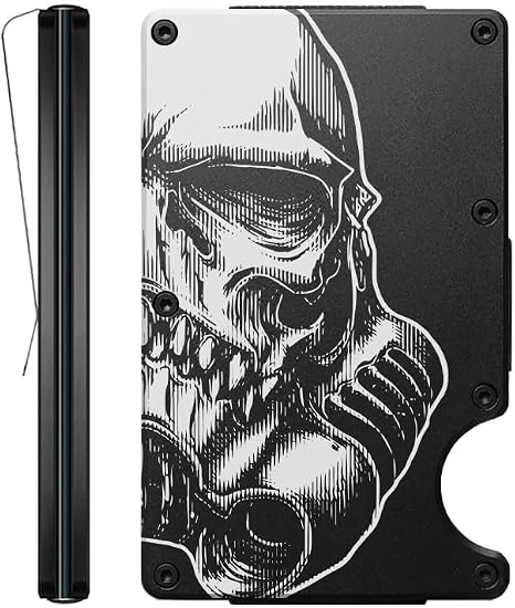 White Skull Wars Helmet Aluminum Wallet for Men with Engraved Finish Metal Money Clip RFID Blocking Minimalist Slim Credit Card Holder - skull wallet