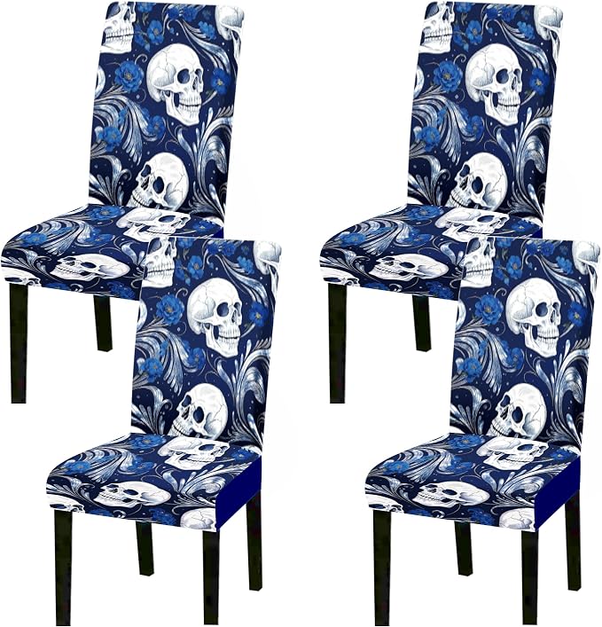 Stretch Dining Chair Covers Set of 4 Blue Skull Floral Pattern Removable Washable Elastic Chair Slipcovers for Dining Room Kitchen Hotel Banquet Home Decor Seat Protectors - skull suitcase