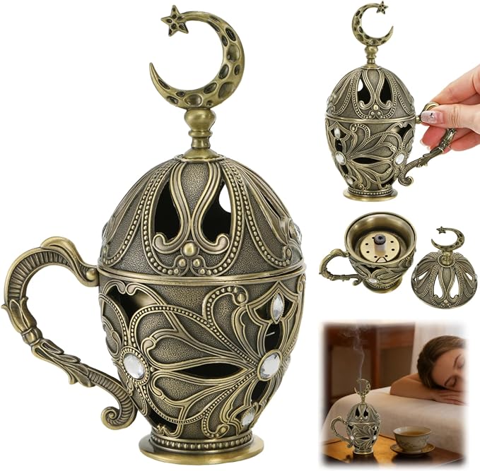 Frankincense Resin Incense Burner, Metal Charcoal Incense Censer with Handle, Vintage Bakhoor Herb Burner, Cone Coil Holder for Yoga Spa Aromatherapy Meditation, Decor for Home Office, Bronze - skull incense burner