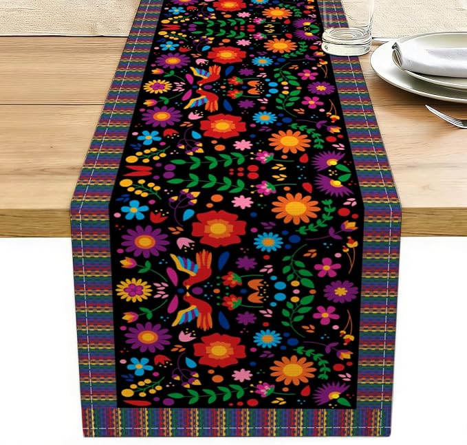Bird Dia De Los Muerto Serape Mexican Table Runner, Cinco De Mayo Day