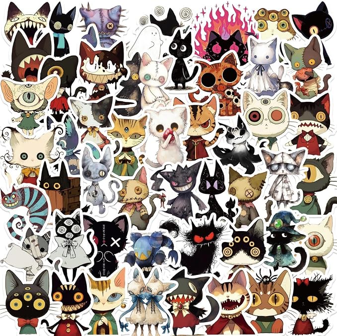 50pcs Gothic Cat Grotesque Vinyl Waterproof Decals Stickers Pack Cute Cartoon for Water Bottle,Laptop,Phone,Skateboard,Scrapbooking,Bumper for Party Supply Decor Favor.Perfect for Adults (Gothic) - skull sticker