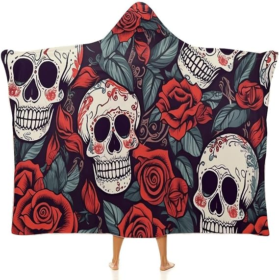 Sugar Skulls And Red Roses Wearable Blanket Fleece Hooded Blanket Oversized Blanket Hoodies Cape Wrap for Adults - skull hoodie