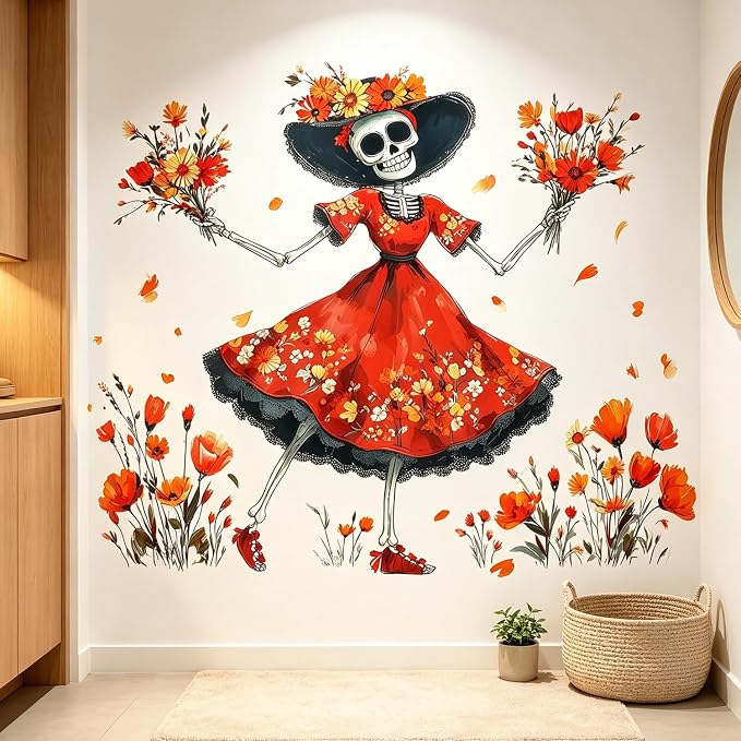 Skeleton Lady Wall Decals, Floral Flower Halloween Wall Stickers Decor Art - skull sticker