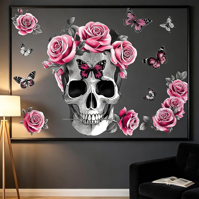 Flower Skull Wall Decals Peel and Stick, Gothic Sugar Skull Wall Sticker - skull sticker