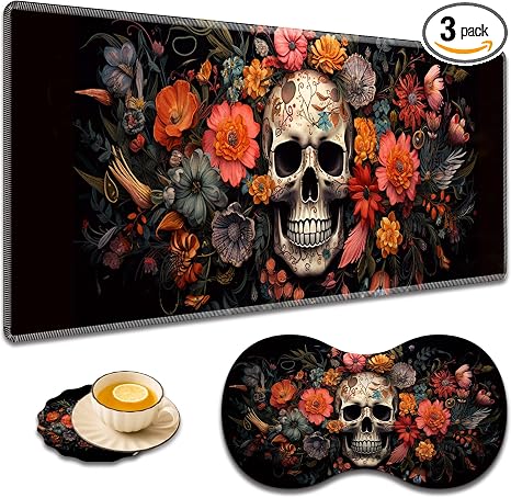 Large Game Mouse Pad + Wrist Support Pad + Coffee Coaster, Desk Pad with Sewn Edges, Anti-Slip Set pad Suitable for Office Work and Home - Skeleton Flower Skull - skull coaster