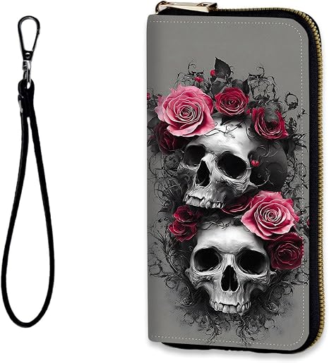 Womens Wallet, RFID Wristlet Wallet for Women, Cute Ladies Purse, Large Credit Card Clutch Purse, Leather Card Holder Wallets with Zipper & Phone Holder,Skull and Roses - sugar skull handbags for sale