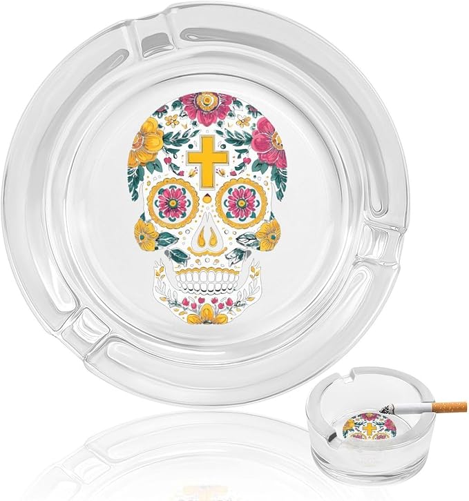 Mexican Sugar Skull Modern Glass Ashtrays for Cigar Cigarettes Round Home Office Decor 3.3 X 1.4 Inch - skull ashtray