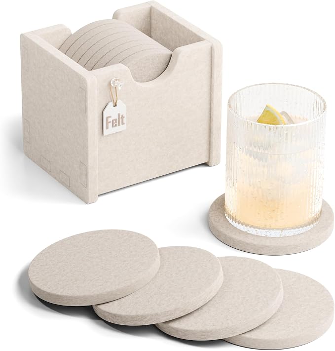 Felt Coasters with Holder, Set of 8 for Drinks, Oatmeal - skull coaster