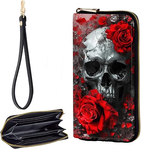Zip Around Wallets for Women with Detachable Wrist Strap, Large Capacity RFID Blocking Leather Purse Organizer Card Holder Wristlet,Rose Skull - skull wallet