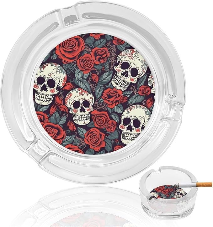 Glass Ashtray Cigarette Ashtray Sugar Skulls And Red Roses Ash Holder Ash Tray for Smokers Home Office Indoor Outdoor Decorative - skull ashtray