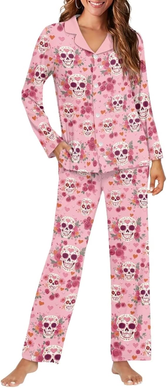 Pajamas Set for Women Plus Size Long Sleeve Button Down Sleepwear 2 Piece Womens Loungewear,Size XS-4XL - skull pajamas