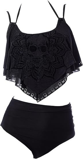 haikyuu Women Gothic Tankini Skeleton Swimsuit Flounce Bikini Goth Two Piece Swimsuit Skull Bathing Suit - skull swimsuit