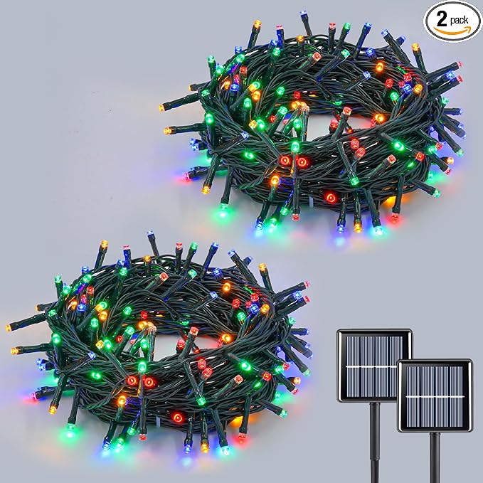 YEGUO Solar String Lights Outdoor Waterproof, 2 Packs Each 33ft 100 LED Multicolor Lights, 8 Modes Twinkle Light for Christmas Tree Outside Garden Yard Xmas Decor - string light