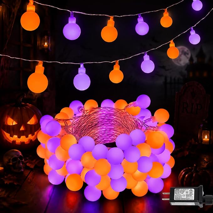 YEGUO 33ft Halloween Lights Indoor, 100 LED Globe String Lights Outdoor with 8 Modes, Hanging Fairy Christmas Lights for Bedroom Halloween Xmas Decor (Orange and Purple) - string light