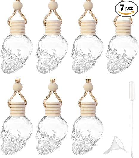 7PCS Car Hanging Diffuser, Car Air Freshener Diffuser Bottle, 8ML Empty Clear Glass Skull Style Empty Bottle, Universal Car Perfume Aromatherapy Essential Oil Pendant Bottle for Women Men - skull bottle