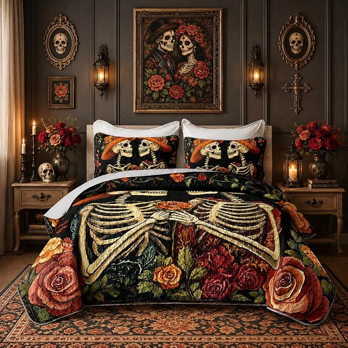 HOSIMA Death Skull Quilt Queen Size,Halloween Quilt with 2 Pillowcases. - skull bedding