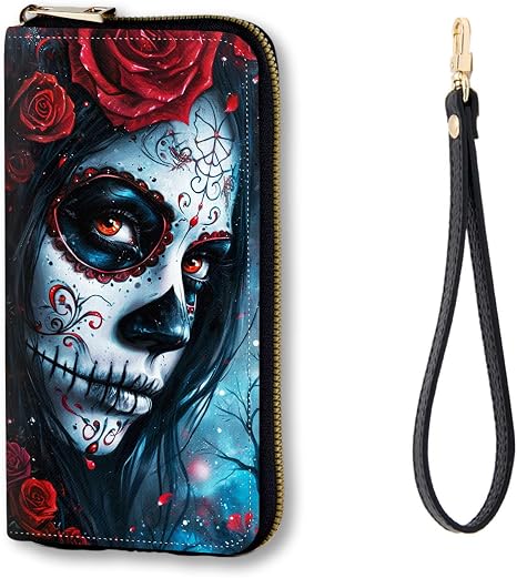 RFID Blocking Zip Around Wallet for Women with Detachable Strap | Large Capacity Leather Card Holder & Travel Wristlet Purse,Sugar Skull with Red Roses - sugar skull handbags for sale