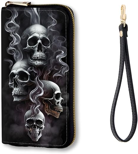 RFID Blocking Zip Around Wallet for Women with Detachable Strap | Large Capacity Leather Card Holder & Travel Wristlet Purse,Unique Skull - skull wallet