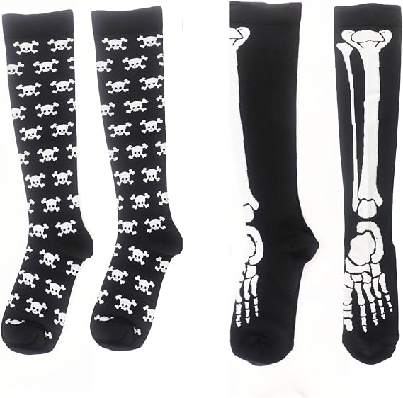 2-Pack Compression Knee-High Socks for Men & Women – Skeleton & Skull Pattern Athletic Support Socks, Goth Halloween Compression Socks for Running, Nurses, Travel - sugar skull costume