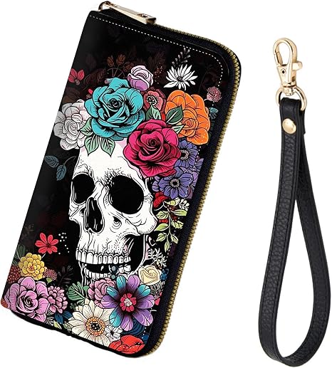 Women's RFID Blocking Zip Around Wallet with Detachable Wrist Strap – Large Capacity Leather Clutch Purse for Travel & Daily Use,Flower Skull - skull wallet