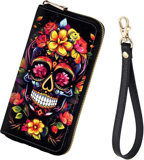 Women's RFID Blocking Zip Around Wallet with Detachable Wrist Strap – Large Capacity Leather Clutch Purse for Travel & Daily Use,Skull in Flowers - sugar skull handbags for sale