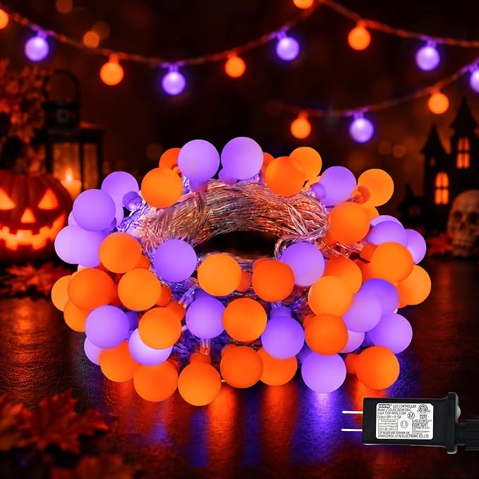 QITONG Halloween Lights Outdoor, 33ft 100 LED Purple and Orange Globe String Lights with 8 Modes, Clear Wire Twinkle Fairy Lights for Indoor - string light