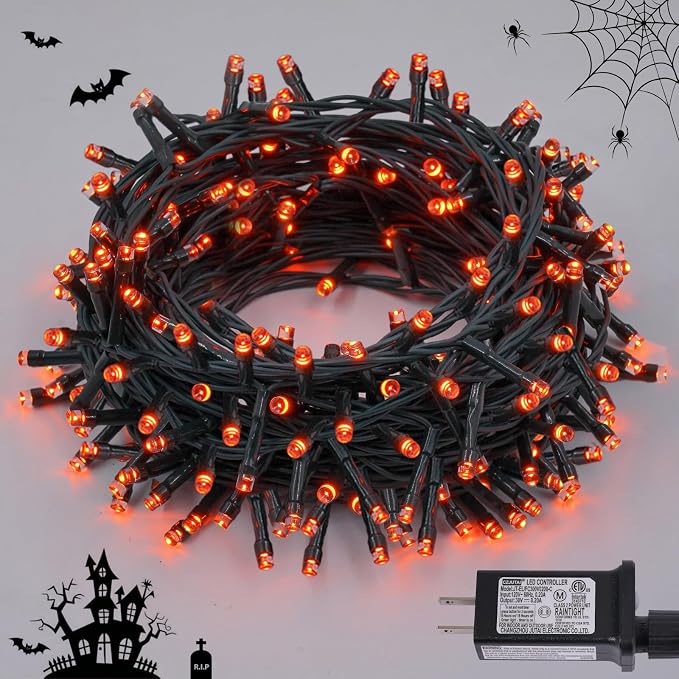 QITONG Halloween String Lights Outdoor Waterproof, 66ft 200 LED Orange String Lights for Outside with 8 Modes, Green Wire Halloween Led Lights Plug in Indoor - string light