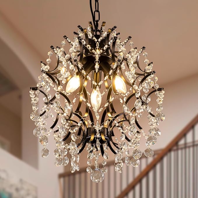 Wellmet Modern Delicate Crystal Chandelier, 3-Light Vintage Classic Small Black Crystal Pendant Light, for Living Room, Dining Room, Bedroom, Kitchen, Hallway