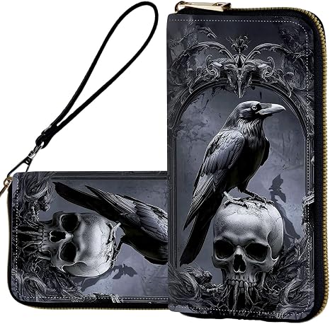Wristlet Wallets for Women,Ladies Women's Wallet,Clutch Purses for Female Leather Large Capacity Credit Card Holder with Zipper Slim Cute Coin Pocket,RFID Blocking,Cute Crow Skull Black - sugar skull handbags for sale