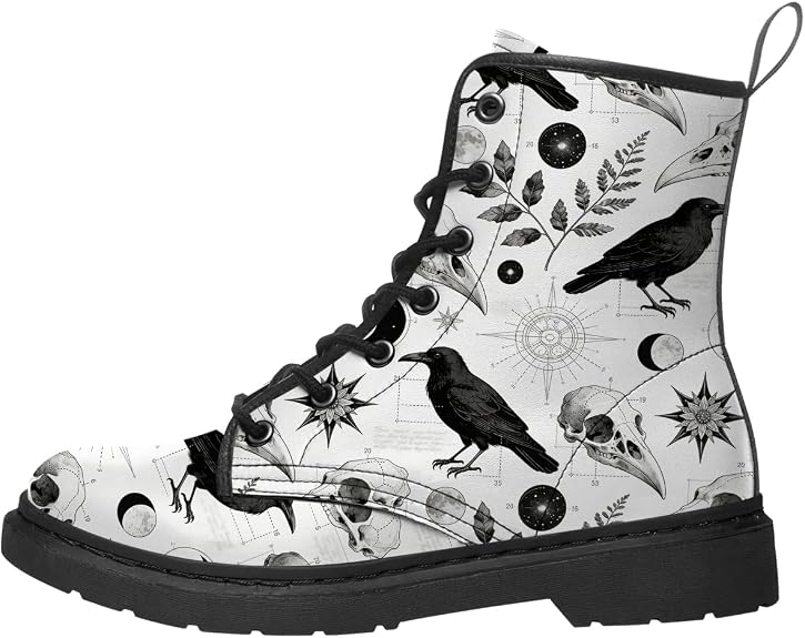 Raven Boots Mens Womens Combat Boots Casual Lace-up Black PU Leather Work Boot Gifts for Him Her - sugar skull costume