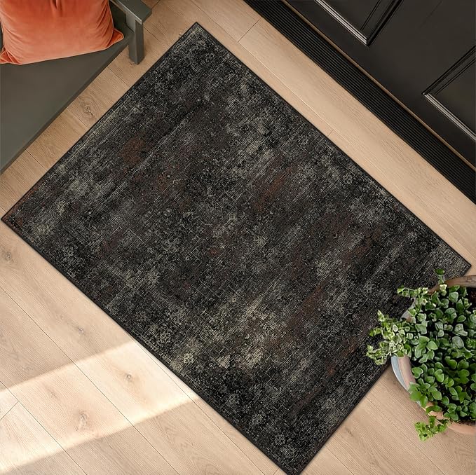 Black Washable 2x3 Rugs for Entryway, Non-Slip Low Pile Entry Rug, Stain Resistant Indoor Mat for Kitchen, Bathroom & Mudroom, Dark Farmhouse Volcanic Charcoal Design - skull rug
