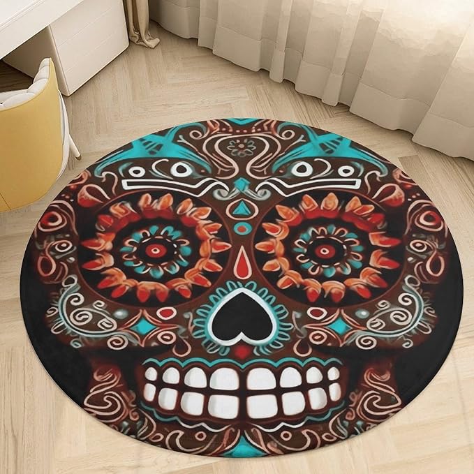 Sugar Skulls Day of The Dead Round Entryway Rug, 90 * 90cm Circle Easy Coral Velvet Rugs, Washable Indoor Outdoor Rug, Farmhouse Front Back Door Mat, Non Slip Absorbent Carpet for Bedroom Kitchen - skull carpet