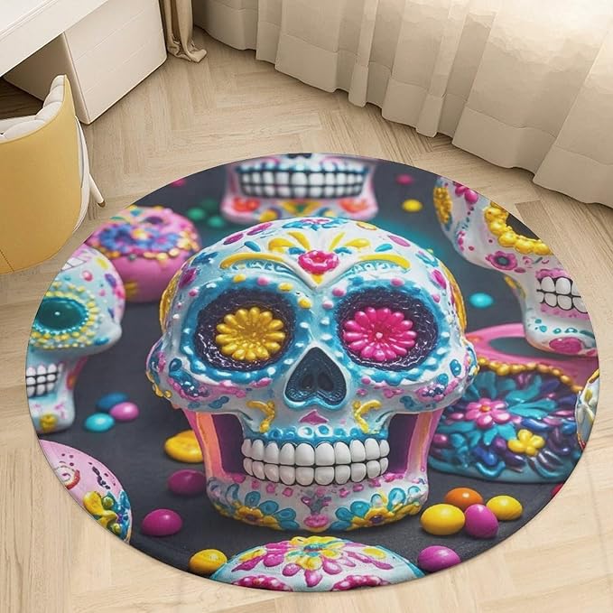 Sugar Skulls Round Entryway Rug, 90 * 90cm Circle Easy Coral Velvet Rugs, Washable Indoor Outdoor Rug, Farmhouse Front Back Door Mat, Non Slip Absorbent Carpet for Bedroom Kitchen - skull carpet