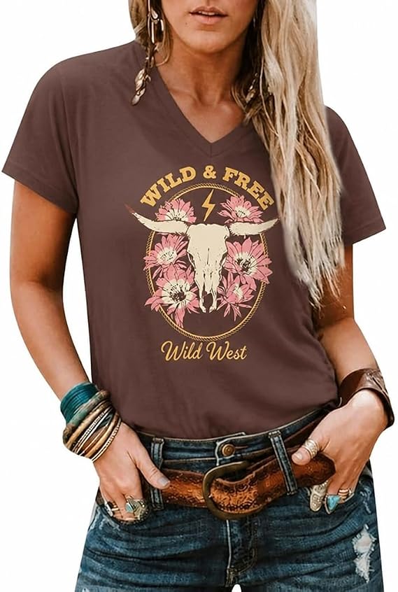 KIDDAD Cowgirl Shirts for Women Country Western Style Tops for Women Vintage Cow Skull Rodeo Graphic Tee Tops - skull tshirt
