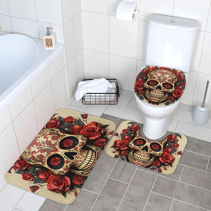 3 Piece Bathroom Rugs Sets Super Absorbent Bathroom Mats Set Non-Slip Bath Rug Washable Contour Mat and Toilet Lid Cover Red Rose Sugar Skull Bath Mat Carpet for Bathroom Shower Rug - skull toilet rug
