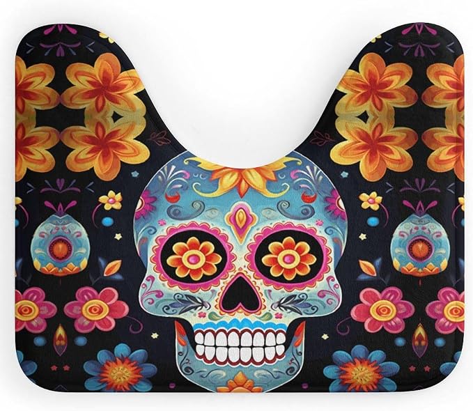 Sugar Skulls U Shaped Bath Mat Super Soft Absorbent Contoured Bathroom Rugs Non Slip Luxury Toilet Rug for Bathroom Tub Toilet Base Etc（20x 16in） - skull toilet mat