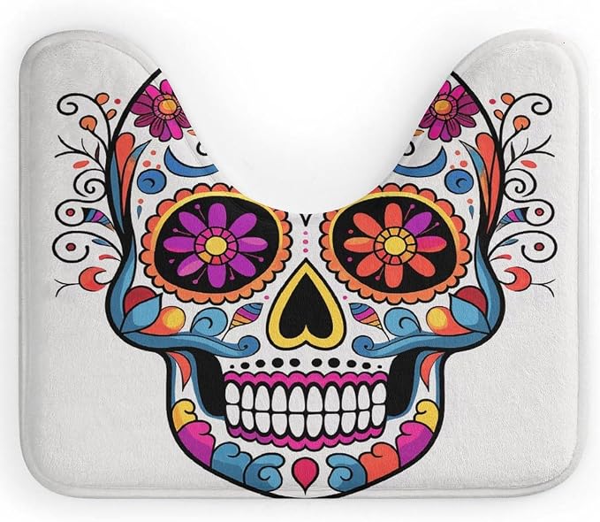 Sugar Skull U Shaped Bath Mat Super Soft Absorbent Contoured Bathroom Rugs Non Slip Luxury Toilet Rug for Bathroom Tub Toilet Base Etc（20x 16in） - skull toilet mat