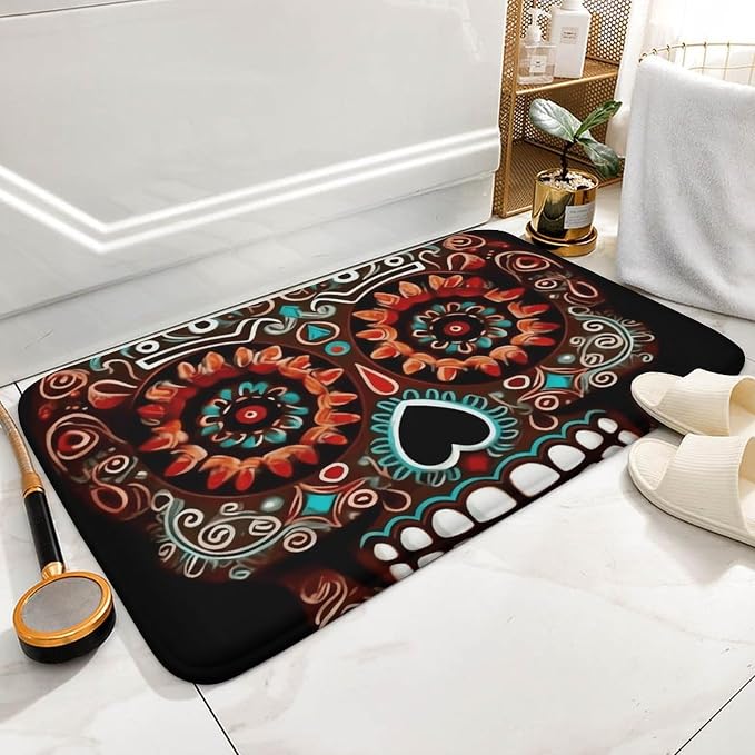 Sugar Skulls Day of The Dead Bath Mat Rug - Super Soft Absorbent Bathroom Rugs Non-Slip Quick Dry Washable Bathroom Floor Mat for Shower Tub, Coral Velvet Kitchen & Entryway Rugs 15.7"x23.6" - skull toilet mat
