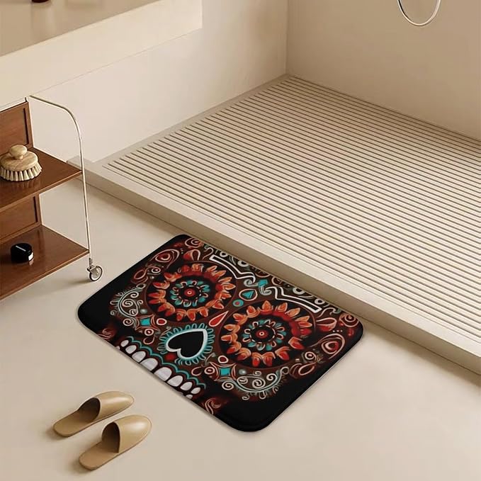 Sugar Skulls Day of The Dead Bath Mat Rug - Super Soft Absorbent Bathroom Rugs Non-Slip Quick Dry Washable Bathroom Floor Mat for Shower Tub, Coral Velvet Kitchen & Entryway Rugs 19.7"x31.5" - skull toilet mat