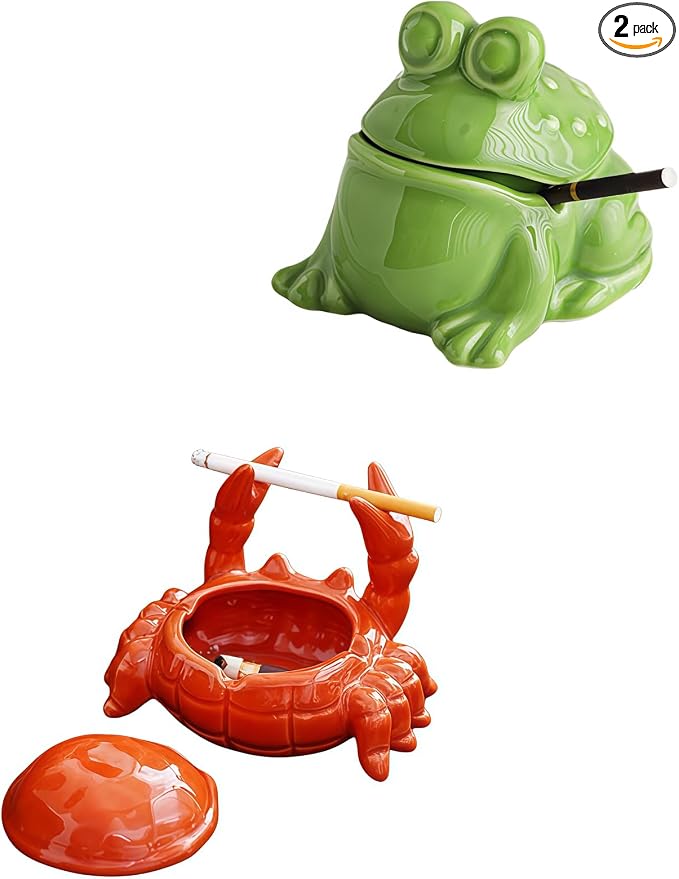 2 Pieces Ashtray with Lid,Windproof Tabletop Ceramic Cigarette Ash Tray for Outside or Inside, Crab and Frog Hallway Decor - skull ashtray