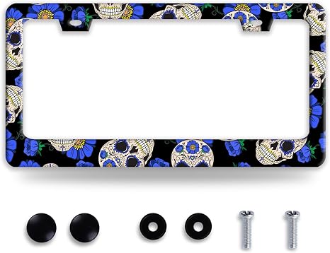 Sugar Skull Flowers License Plate Frame Stainless Steel License Holder - skull plate