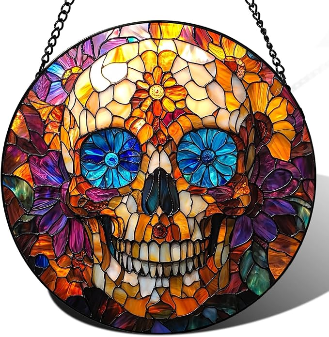Stained Glass Sugar Skull Suncatcher 7.9" Real Glass - skull candle